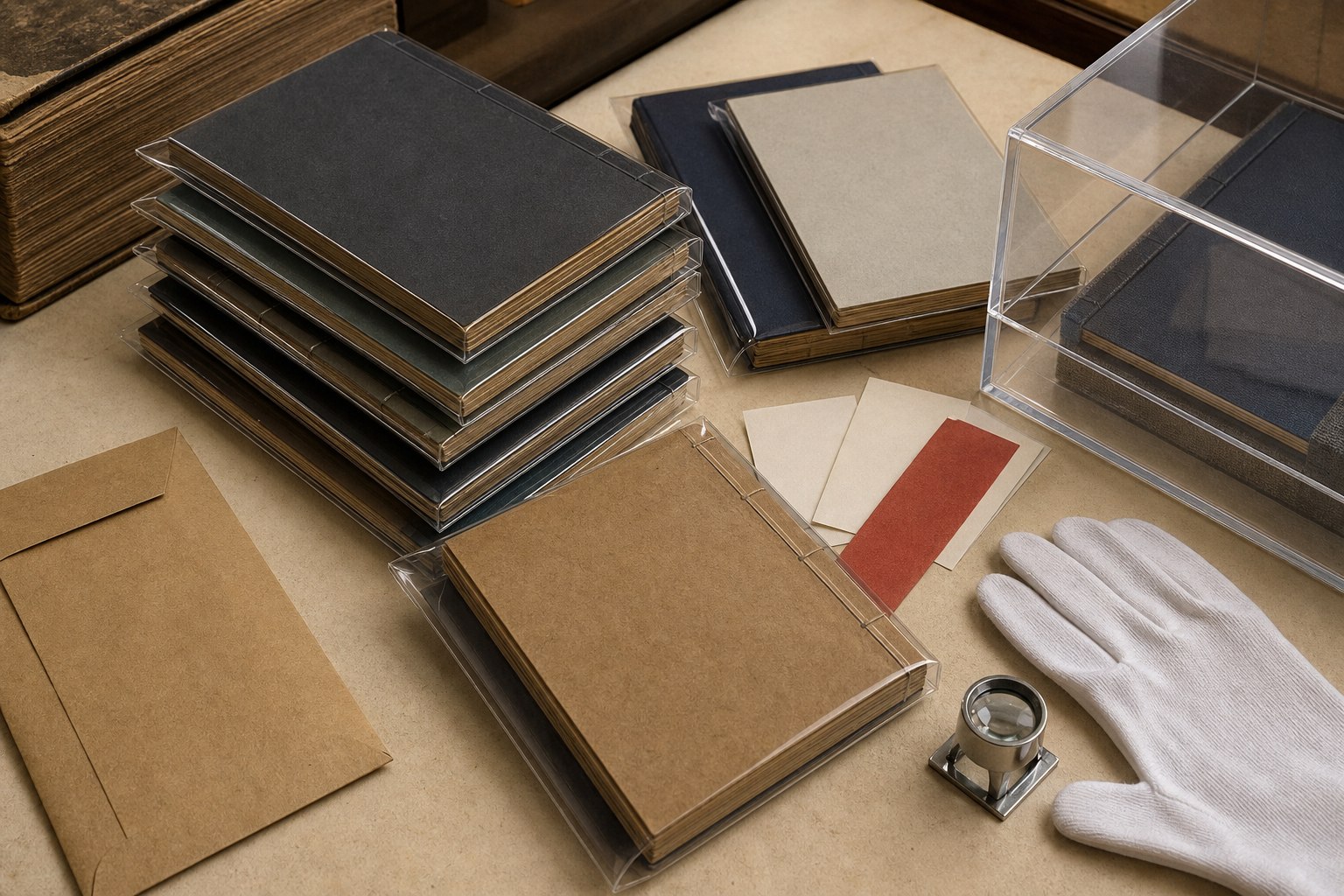 Anonymous manga-format volumes in archival sleeves beside a loupe, cotton glove and catalogue materials